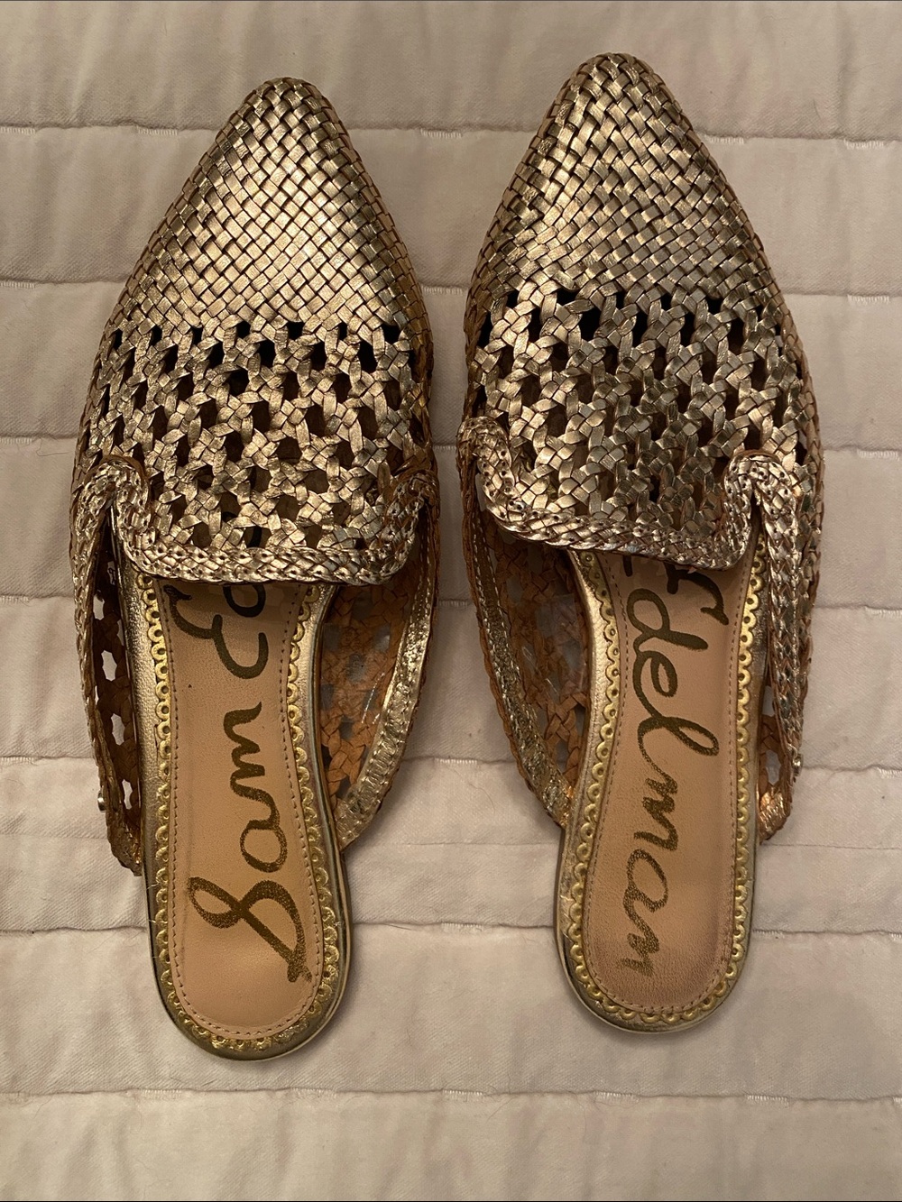Sam Edelman Metallic Gold Woven Pointed-Toe Mules